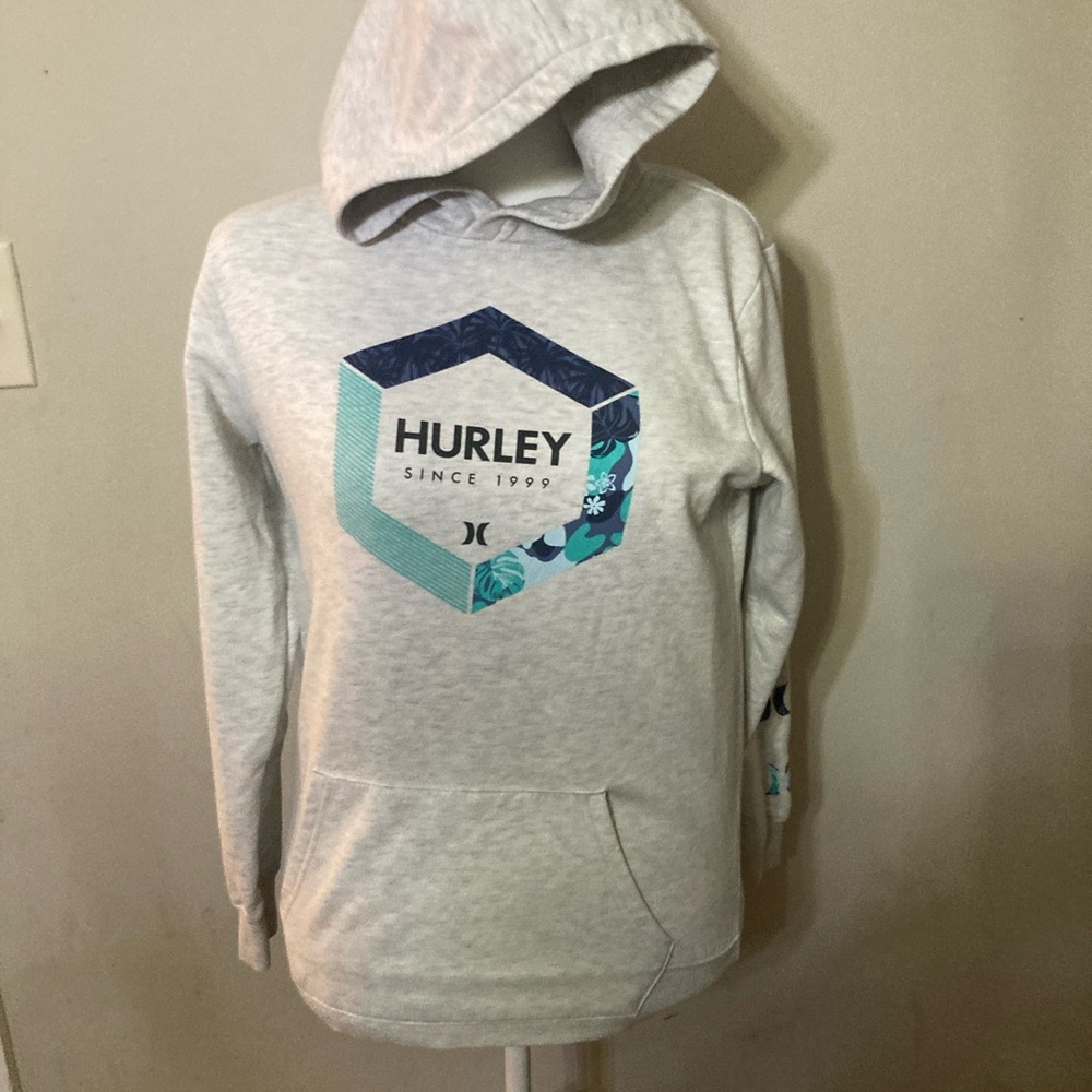 Hurley Kids Light Gray hooded sweatshirt with Blue and Teal Logos in XL.EUC